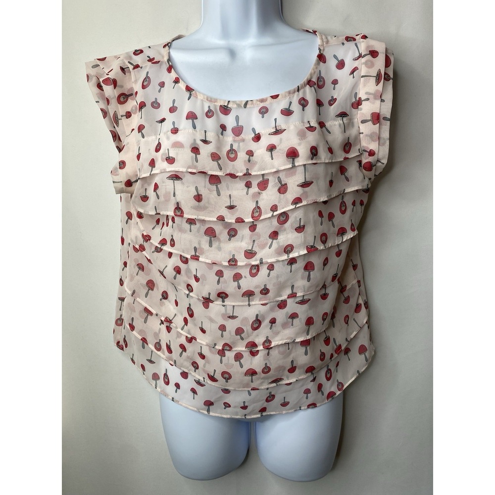 Charlotte Russe Womens Mushroom Goblin Shirt Size Medium Ruffled Sheer Autumn